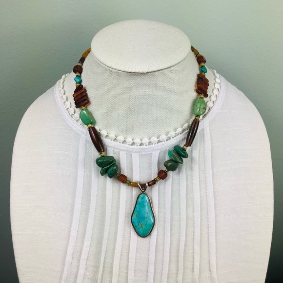 Turquoise, semi-precious stone and sterling silver necklace - Picture 7 of 8